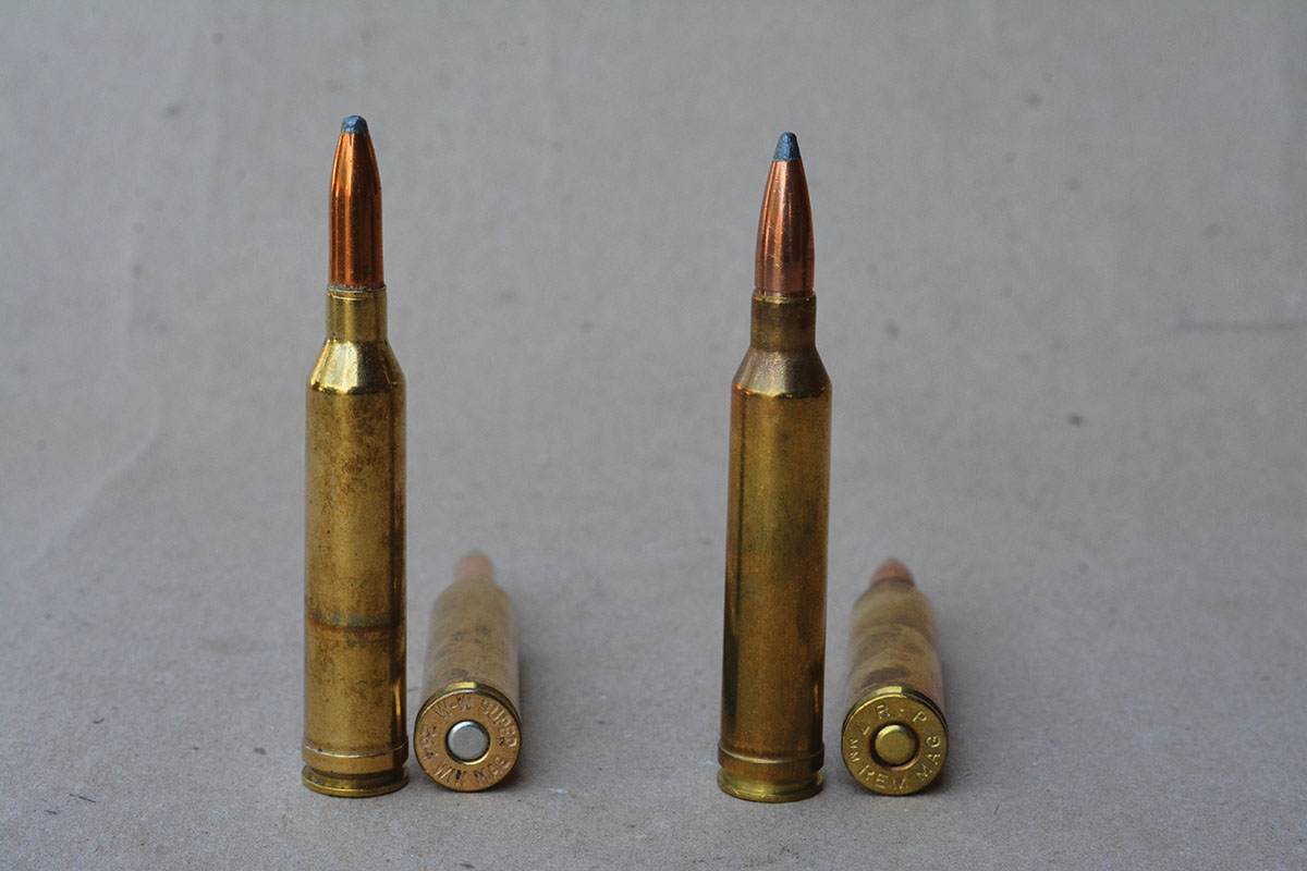 The 7mm Remington Magnum (right) was based on the 264 Winchester Magnum case (left), but necked up to .284 inch.